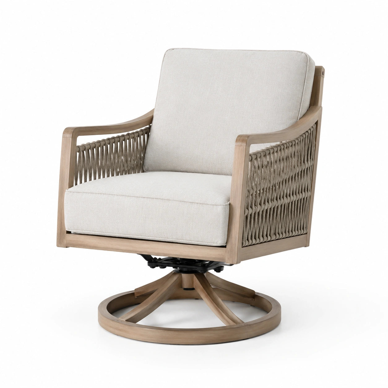Fauteuil pivotant en bois avec accoudoirs en corde et coussins en lin beige