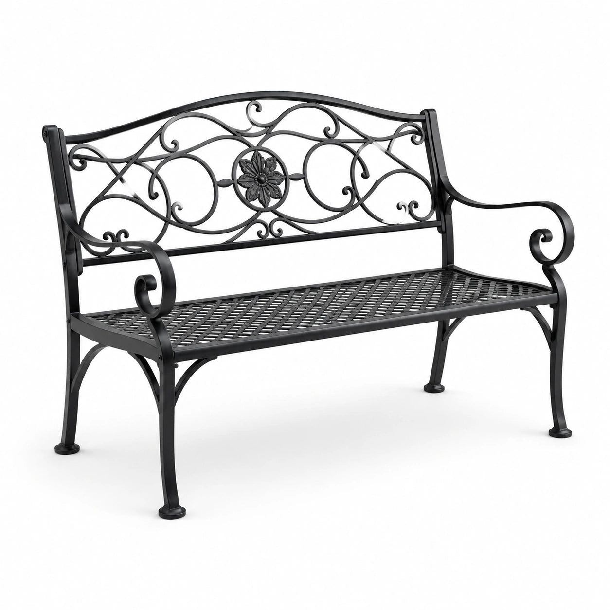 Banc de jardin en fer forgé noir avec motif floral