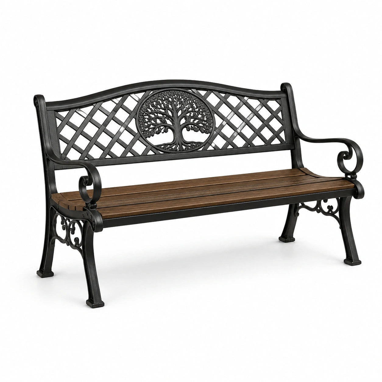 Banc de jardin en métal et bois motifs arbre 125 cm noir/marron