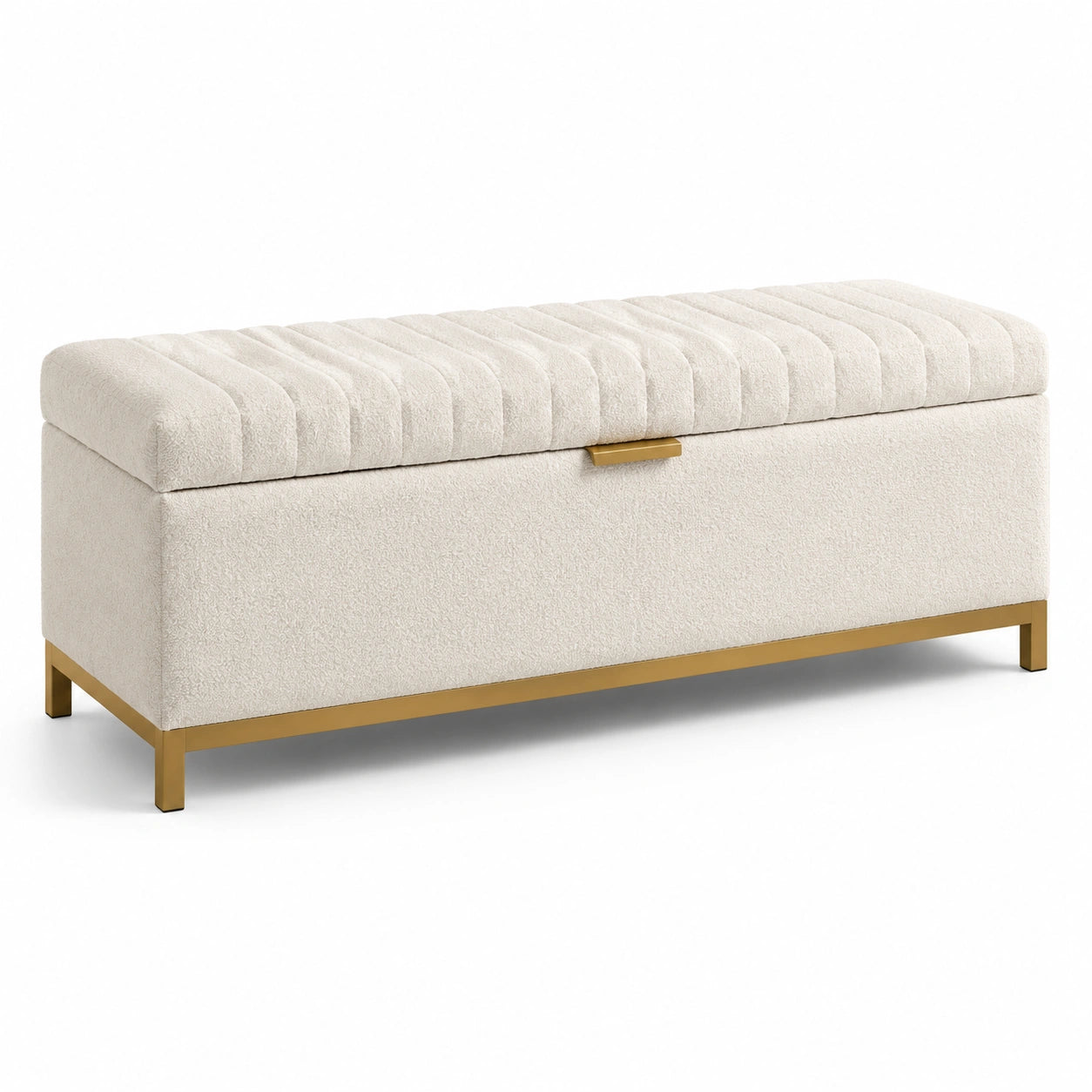 Banc de rangement en tissu bouclé blanc avec base en métal doré