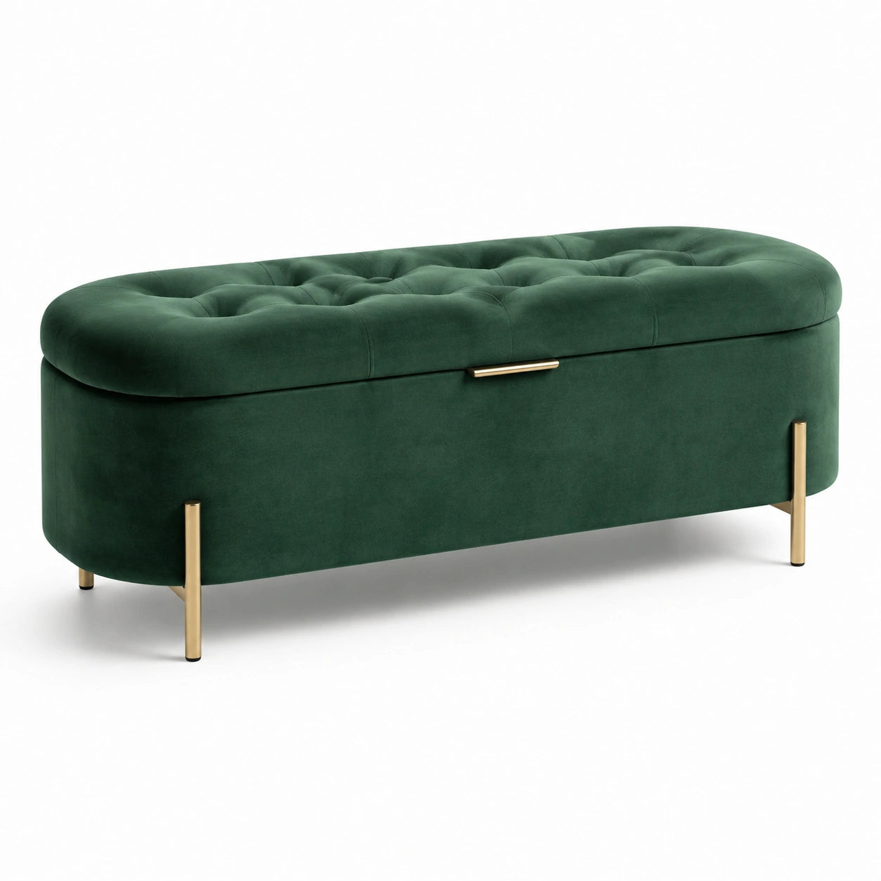 Banc de rangement en velours vert avec pieds en métal doré