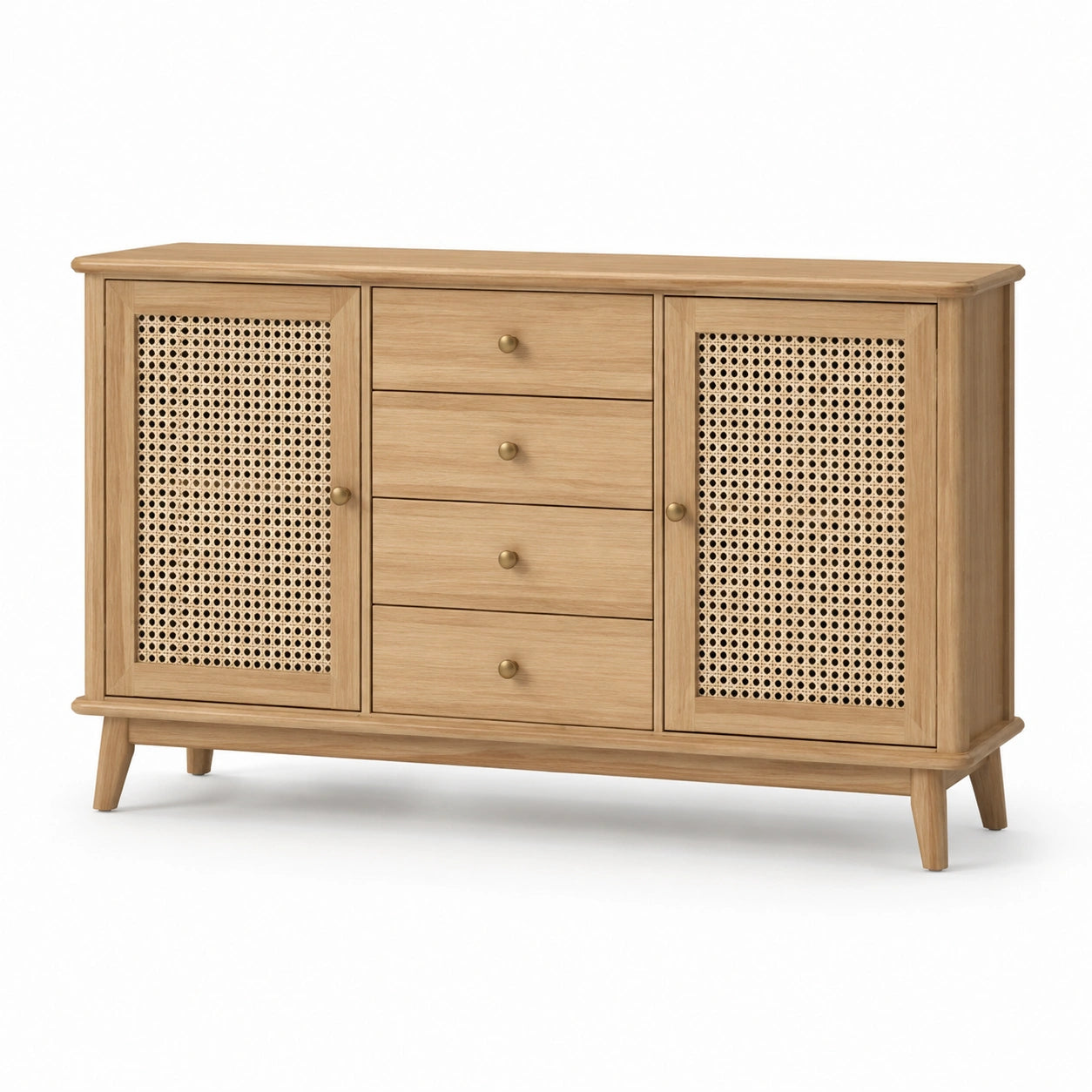 Buffet en bois avec portes en rotin et 4 tiroirs 120cm