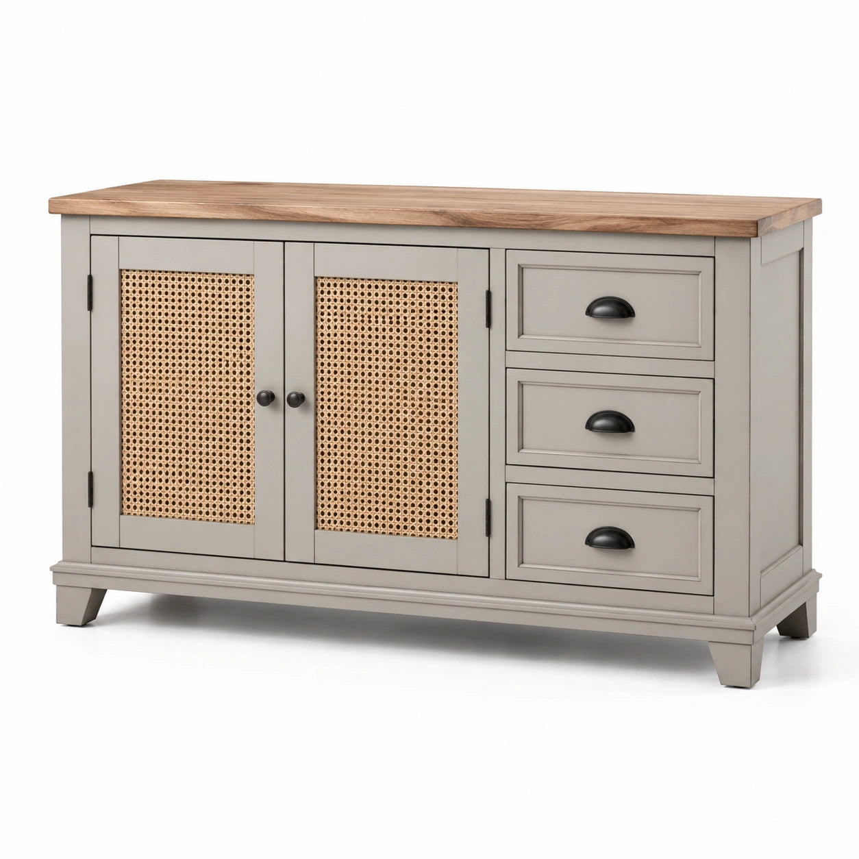 Buffet en bois de pin et rotin avec tiroirs gris