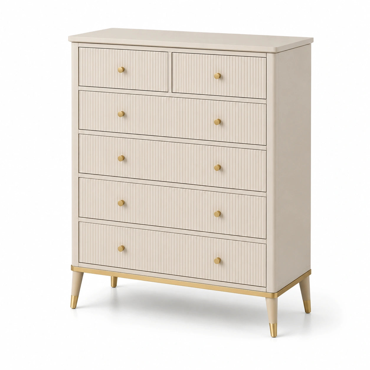 Commode en bois chêne avec 6 tiroirs beige et détails dorés