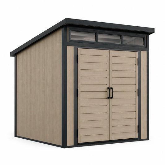 Abri de jardin en bois composite avec toit incliné et fenêtres