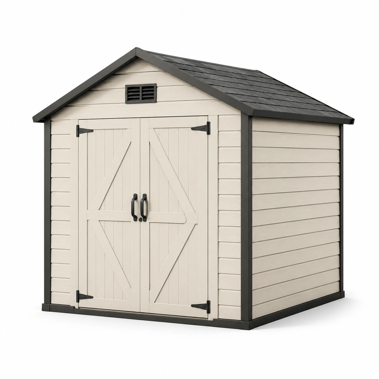 Abri de jardin en plastique avec toit noir et portes doubles