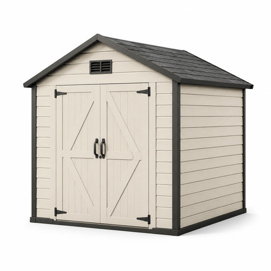 Abri de jardin en plastique avec toit noir et portes doubles