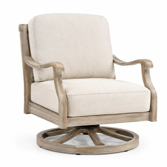 Fauteuil pivotant en bois et tissu beige