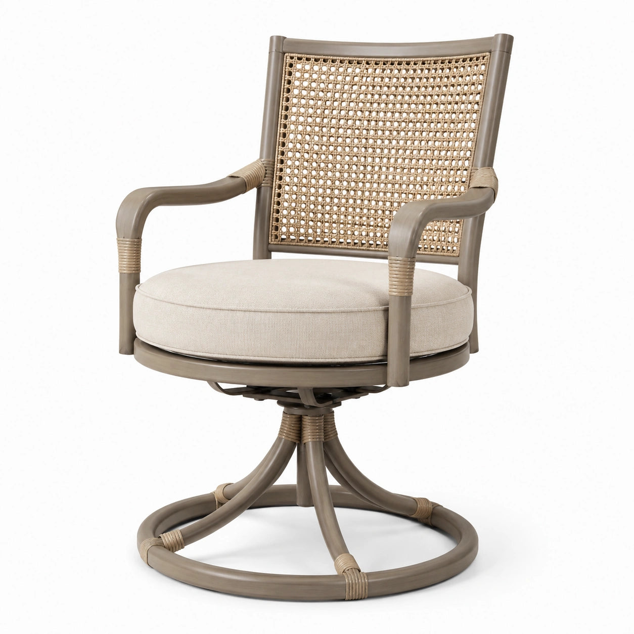 Fauteuil pivotant en aluminium et rotin avec coussin beige
