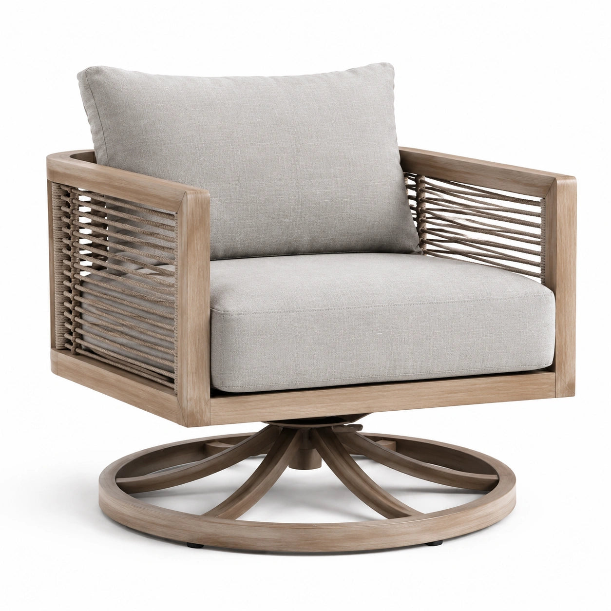 Fauteuil pivotant en bois et corde avec coussins en lin gris