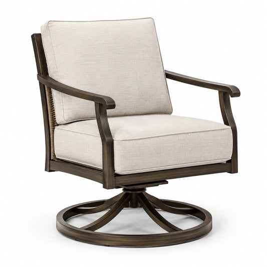 Fauteuil pivotant en aluminium avec coussins en tissu beige