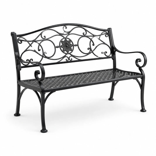 Banc de jardin en fer forgé noir avec motif floral