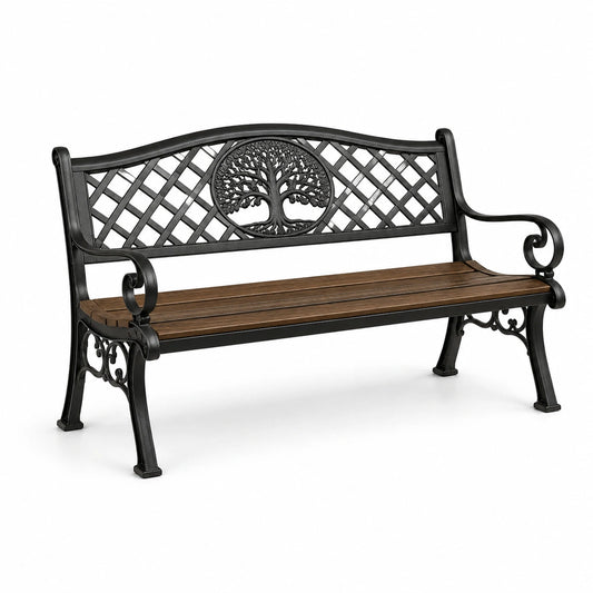 Banc de jardin en métal et bois motifs arbre 125 cm noir/marron