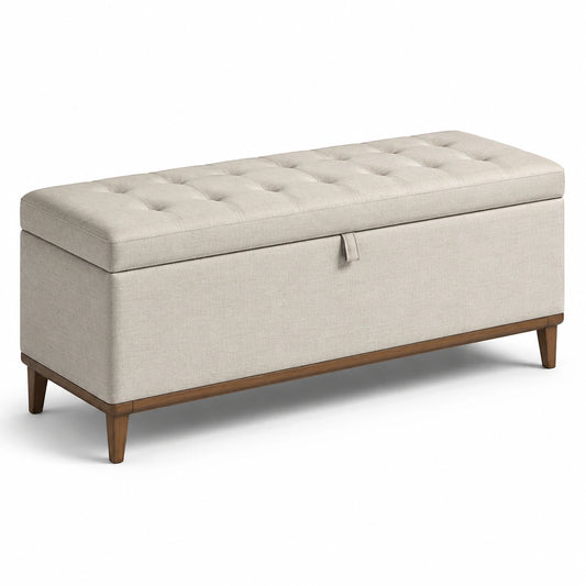Banc de rangement en bois avec revêtement en lin beige 120 cm