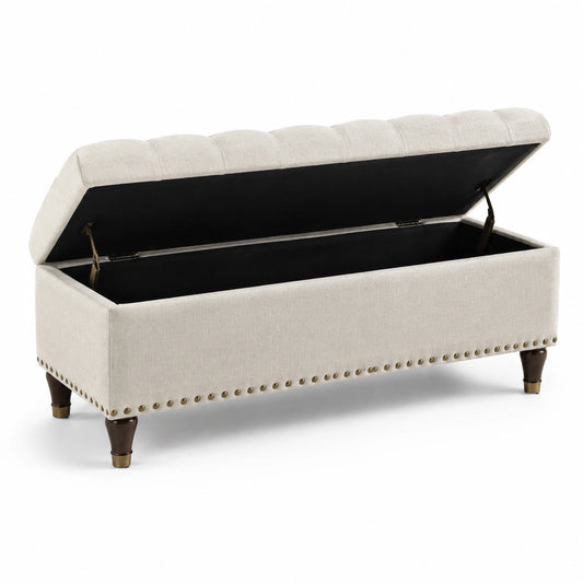 Banc de rangement en tissu avec pieds en bois et clous de tapissier beige