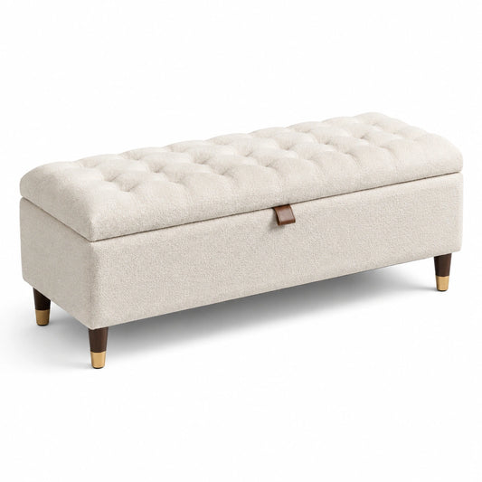 Banc de rangement en tissu polyester beige avec pieds en bois