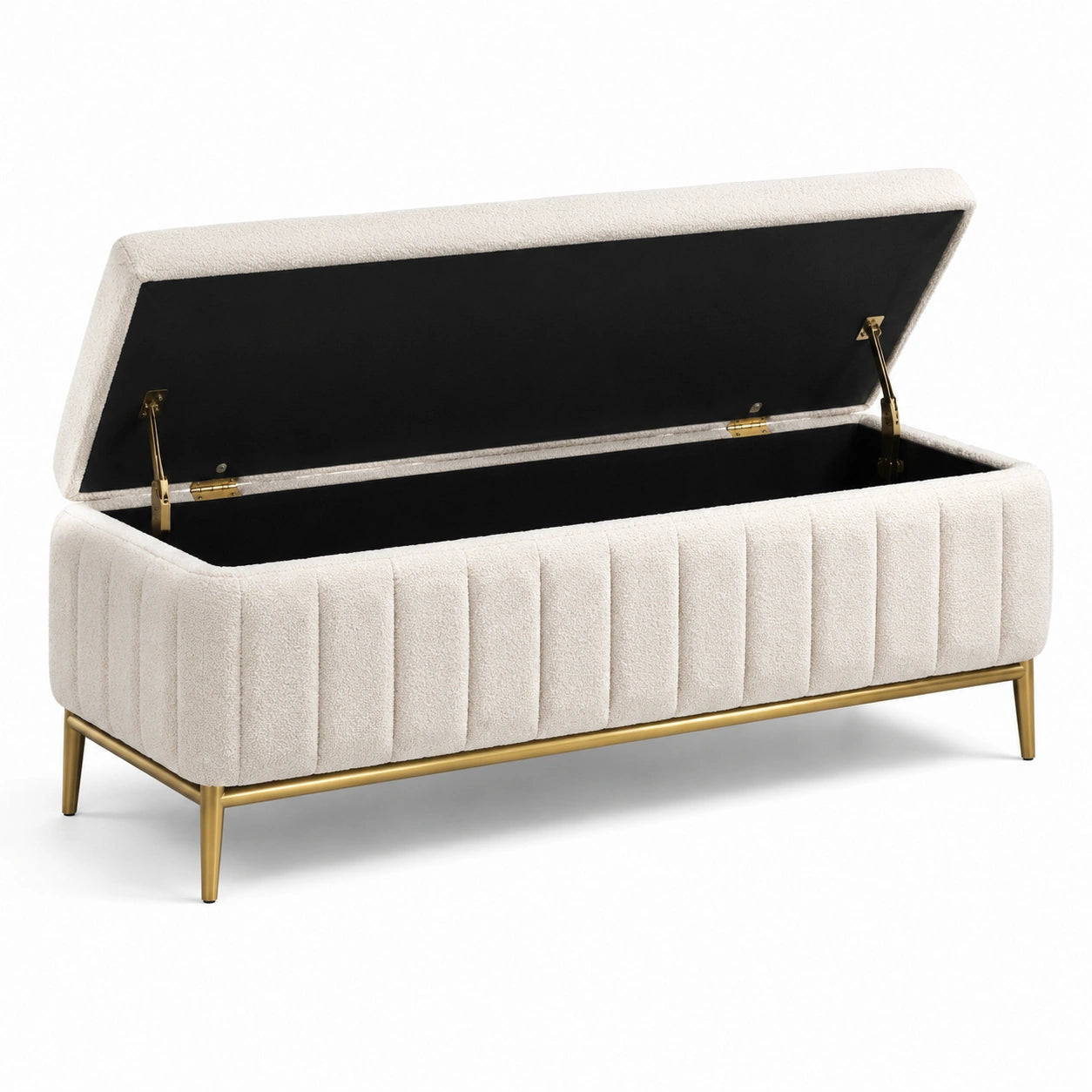 Banc de rangement en tissu polyester beige avec pieds en métal doré