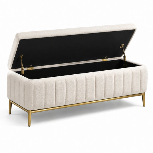 Banc de rangement en tissu polyester beige avec pieds en métal doré