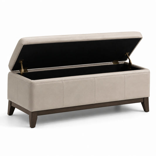 Coffre de rangement en bois et cuir synthétique beige