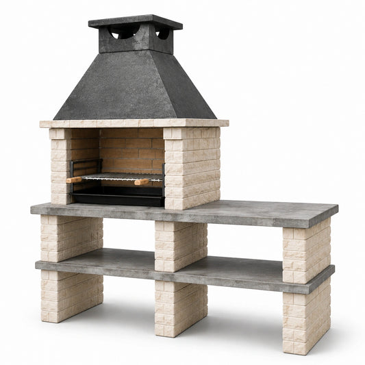 Barbecue en béton avec cheminée et étagères Gris/Beige