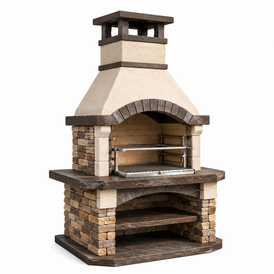 Barbecue en pierre et métal avec grille en acier inoxydable 180x150x75 cm beige/marron
