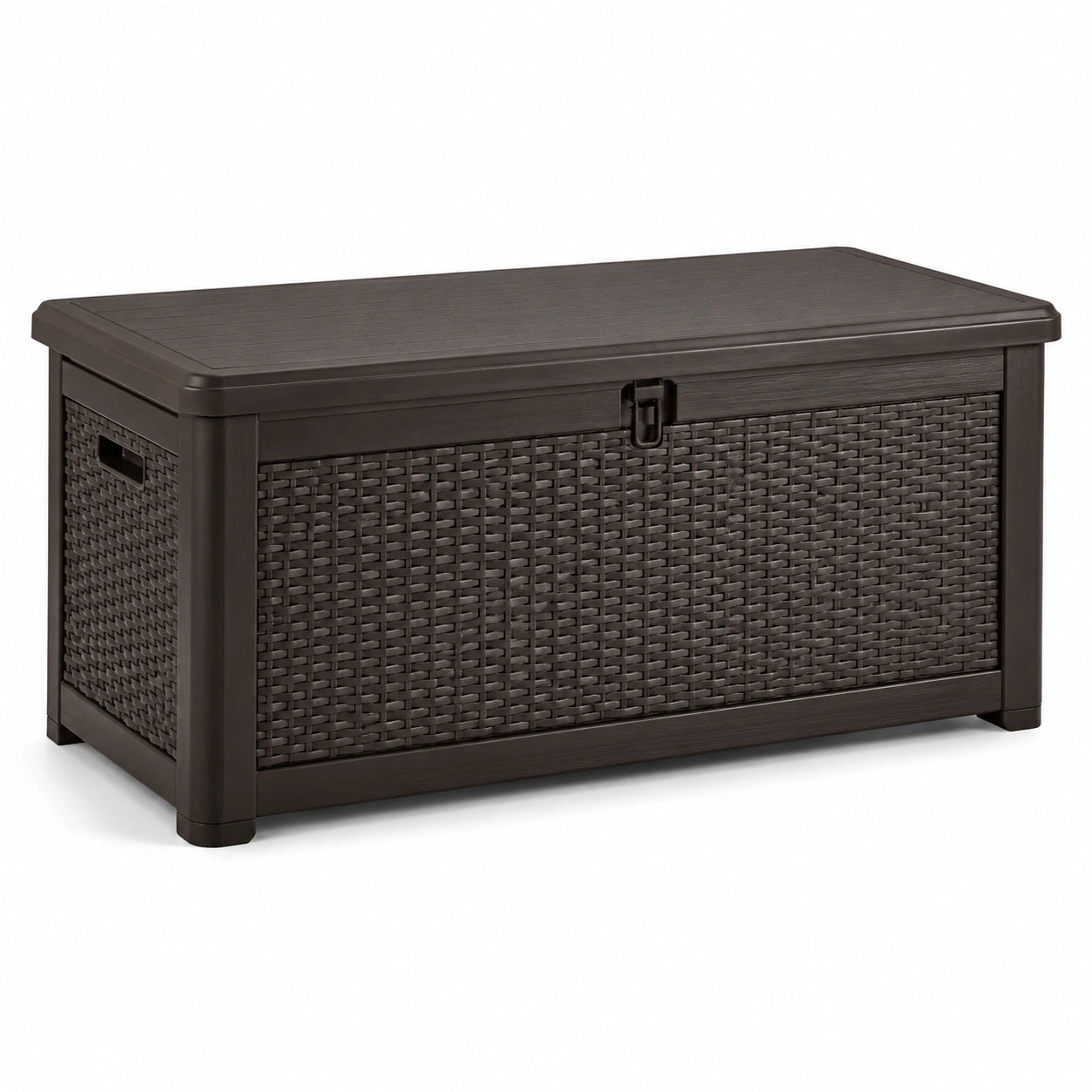 Coffre de rangement extérieur en plastique tressé marron 117 cm