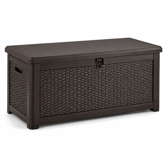 Coffre de rangement extérieur en plastique tressé marron 117 cm