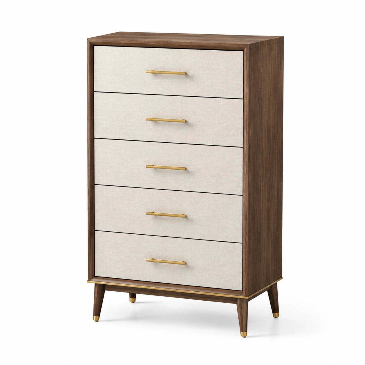 Commode 5 tiroirs en bois et lin beige