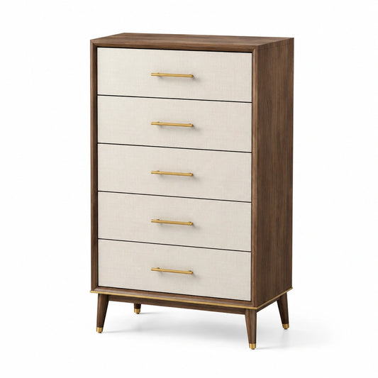 Commode 5 tiroirs en bois et lin beige
