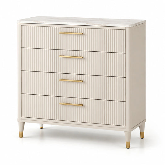 Commode en Bois Beige avec Poignées Dorées et Plateau Imitation Marbre