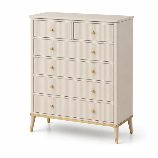 Commode en bois chêne avec 6 tiroirs beige et détails dorés