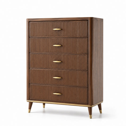 Commode en bois massif noyer avec poignées métalliques dorées