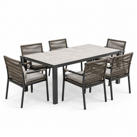 Ensemble de repas de jardin en aluminium et corde avec plateau en céramique 6 fauteuils marron/gris