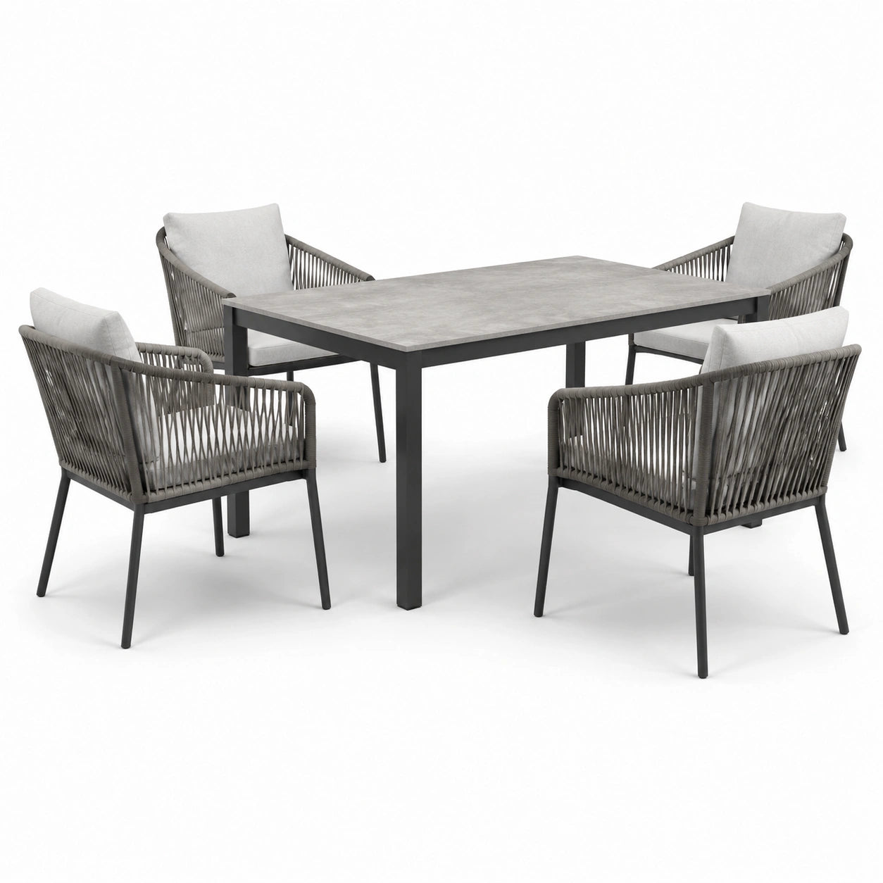 Ensemble de jardin en métal et céramique avec 4 chaises en corde gris
