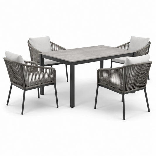 Ensemble de jardin en métal et céramique avec 4 chaises en corde gris