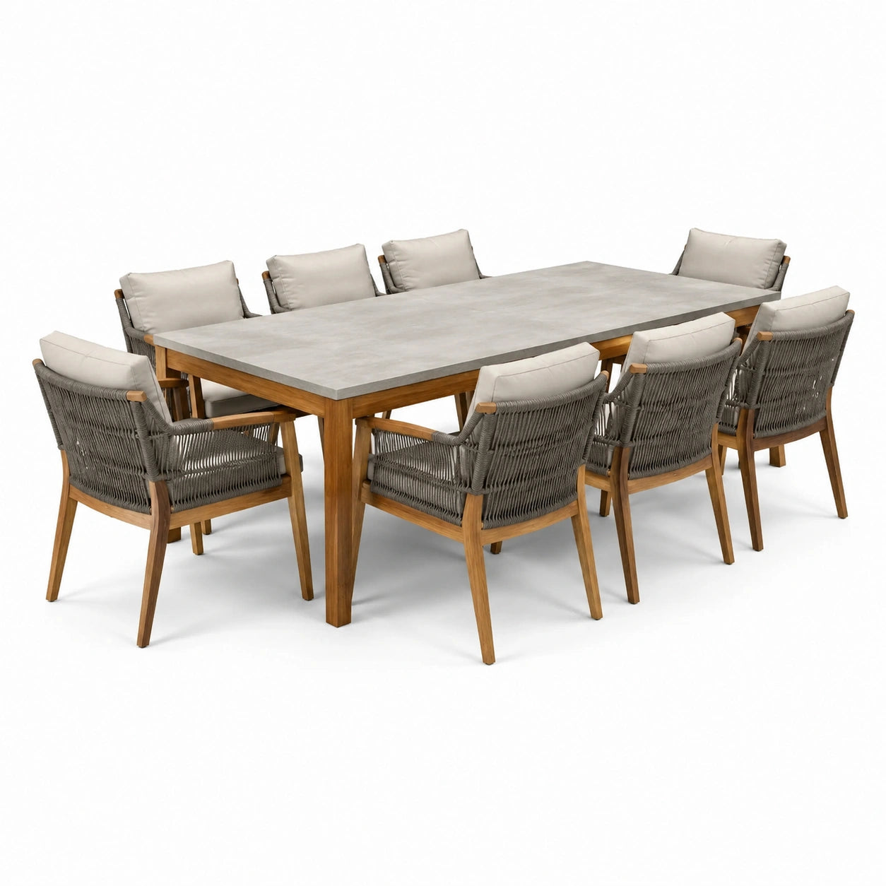 Ensemble de repas extérieur en acacia et ciment avec chaises en corde